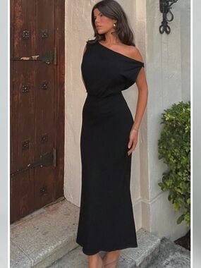Showpo Black One-Shoulder Draped Cowl Dress